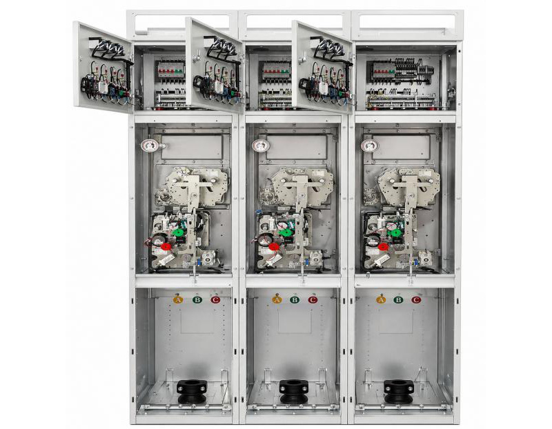 Internal assembly of GIS switchgear prior to enclosure, illustrating conductor arrangement and component layout.
