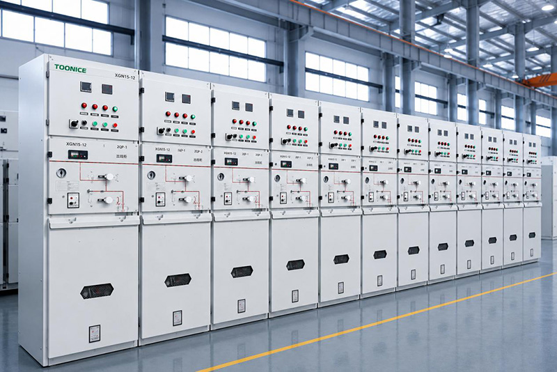 Medium-voltage RMU switchgear lineup in a modern manufacturing facility