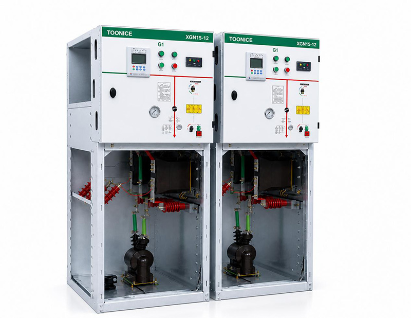 Open internal structure of AIS switchgear illustrating visible compartments, busbars, and air insulation clearance.