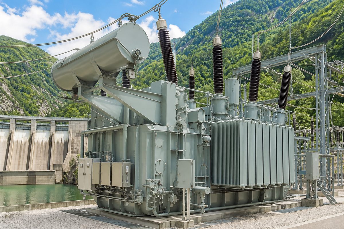 Power transformer raising AC voltage on a high-voltage transmission grid