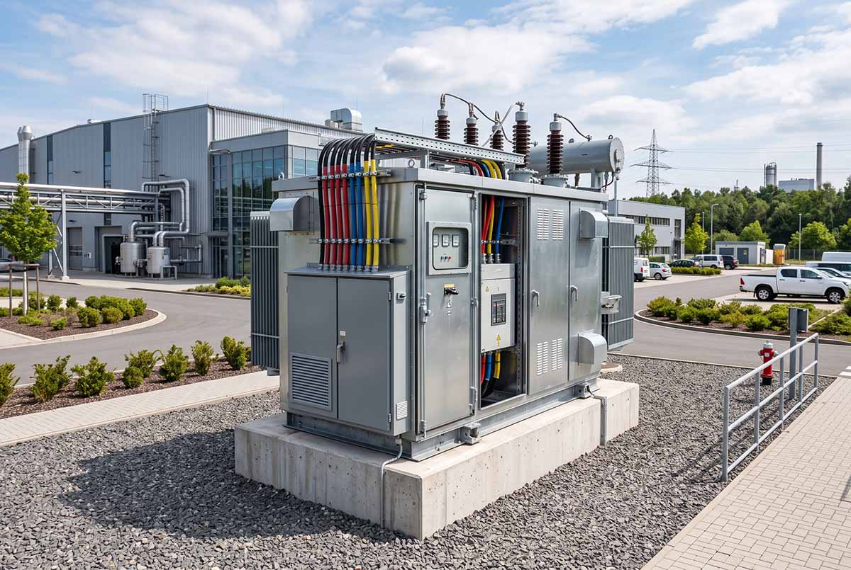Modern compact substation installed in an industrial setting