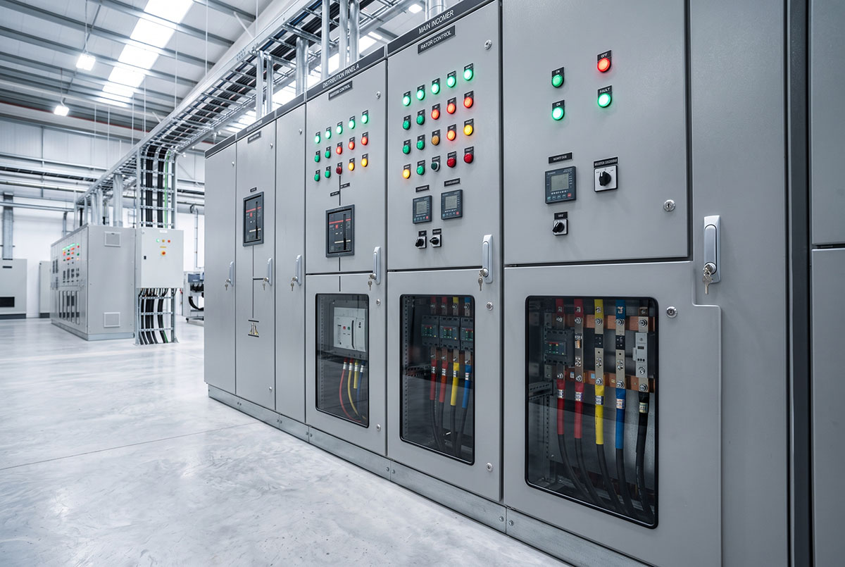 Modern low-voltage switchgear cabinet in an industrial facility